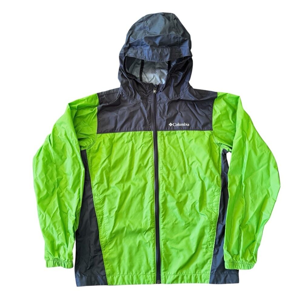 Columbia Kids’ Lime Green Charcoal Hooded Lightweight Jacket Wind Rain L 14/16 - Picture 2 of 9